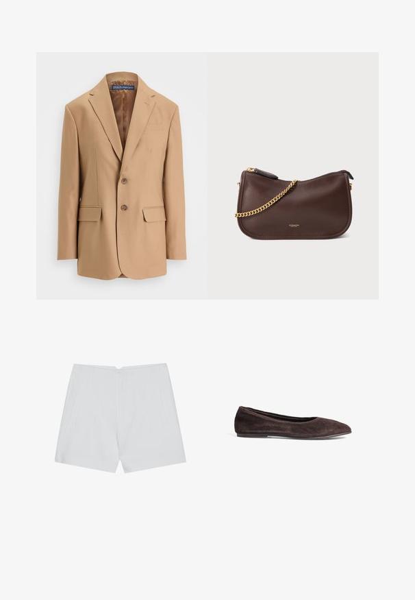 Kohene bleiser, mis on valmistatud siledast kangast, ühekinnise disainiga, kahe esi-taskuga ja kahe nööbiga. Nurgelised kraed ja puhtad joonejooned.; Valge puuvillane T-särk lühikeste varrukatega ja ümaral lõikel. Omab vabamat lõiget ja minimaalset disaini ilma mustrite või aktsentideta.; Valged lühikesed püksid, millel on kohandatud disain, sirge été, kaks küljetaskut ja puhas serv. Valmistatud siledast kangast, millel pole nähtavaid mustreid.; Pruun suede ballett-kingad terava ninaga ja madala profiiliga. Omab siledat tekstuuri ja minimalismi disaini. Ei sisalda nähtavat riistvara ega aktsente.; Pruun nahast käekott, millel on kõver kuju, kuldse ketiga rihm ja tõmblukk. Logo on esiküljel pressitud. Sile tekstuur.