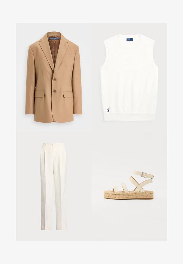 Béžový blejzer z hladkej tkaniny, s jednoradovým zapínaním, dvoma prednými vreckami a dvoma gombíkmi. Snotovanými klopami a čistými líniami.; Biely bezrukávový sveter vyrobený z hladkej bavlny, s rebrovaným lemom a malým námorníckym logom v dolnom ľavom rohu. Jednoduchý dizajn, bez vzorov.; Polo Ralph Lauren HEMP WIDE LEG PANT - Nohavice - nevis; Svetlo béžová kožená espadrilková sandal s štyrmi krížovými popruhmi a prackou na členku, s tkanou jutovou platformou a plochou gumovou spodnou časťou.