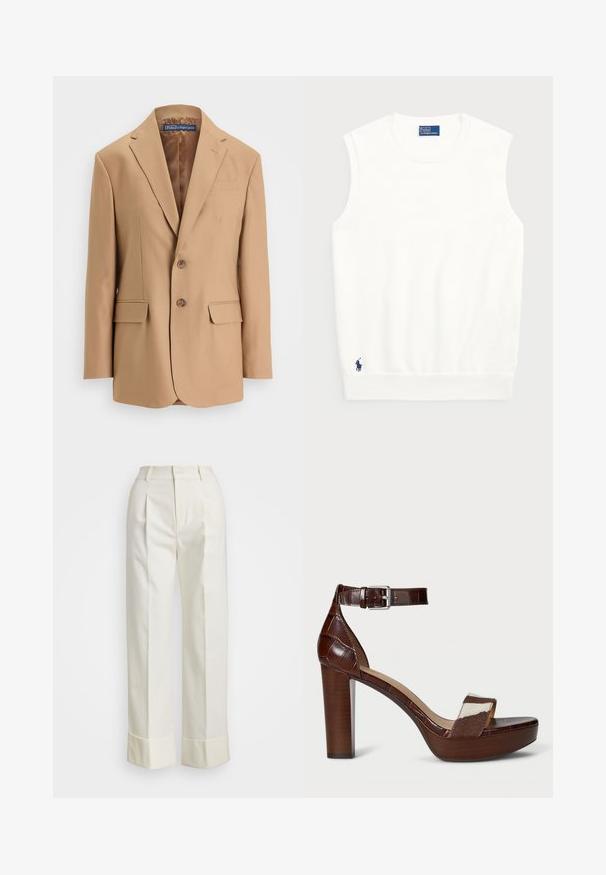 Béžový blejzer z hladkej tkaniny, s jednoradovým zapínaním, dvoma prednými vreckami a dvoma gombíkmi. Snotovanými klopami a čistými líniami.; Biely bezrukávový sveter vyrobený z hladkej bavlny, s rebrovaným lemom a malým námorníckym logom v dolnom ľavom rohu. Jednoduchý dizajn, bez vzorov.; Biele sako nohavice s vysokým pásom, dvojitými prednými záhybmi a širokými nohavicami s prehnutými manžetami. Vyrobené z hladkej, textúrovanej látky.; Hnedé sandále na podpätku z kože s embosovaným vzorom krokodíla a látkovým remienkom. Majú široký blokový podpätok a remienok okolo členka so striebornou prackou. Textúrovaná platforma.