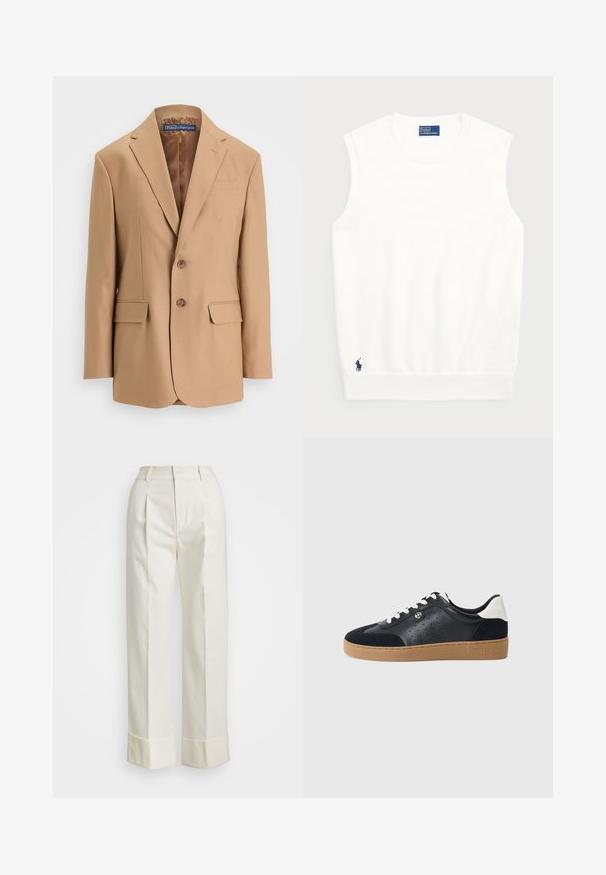 Beżowa marynarka wykonana z gładkiego materiału, z zapięciem na jeden guzik, dwoma przednimi kieszeniami i dwiema guzikami. Z klapami w kształcie litery V i czystymi liniami.; Biały bezrękawnik z gładkiej bawełny, z odstającym dołem i małym granatowym logo w lewym dolnym rogu. Prosty design, bez wzorów.; Białe spersonalizowane spodnie z wysokim stanem, podwójnymi fałdami z przodu oraz szerokimi nogawkami z założonymi mankietami. Wykonane z gładkiego, teksturowanego materiału.; Czarne skórzane i zamszowe sneakersy z jasnobrązową gumową podeszwą. Posiadają białe sznurowadła oraz małe perforacje po bokach. Obecne logo Michael Kors.