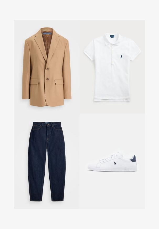 Beige blazer i slät tyg, med enkelknäppt design, två framfickor och två knappar. Uskärning på slag och rena linjer.; Vit bomullspolo med klassisk krage, korta ärmar och en marinblå broderad logotyp på vänster bröst. Femknapps-knäppning.; Mörkblå denimjeans med raka ben, som har orange sömmar, knappstängning fram och fem fickor.; Vita lädersneakers med en slät yta, marinblå detaljer och en liten logotyp på sidan. Har platta snören och mönstrad gummisula.