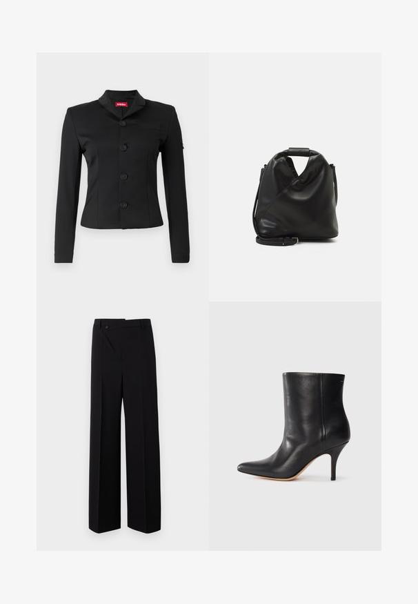 Simakabáton készített fekete blézer, sima anyagból, sálgallérral, öt kerek gombbal, hosszú ujjakkal és egy mellzsebbel.; Fekete cropped pulóver magas bordázott nyakkal, ejtett vállakkal és kivágásos részletekkel ellátott szegéllyel. Puha kötött anyagból készült.; Fekete, bő szárú nadrág lapos elülső résszel, gombos záródással és sima anyagtextúrával. Jellemzője egyenes vonalvezetés és éles vonalak.; Fekete bőr bokacsizma hegyes orral, karcsú tűs sarkal és sima textúrával. Minimális dizájn, látható fémrészek vagy díszítések nélkül.; Fekete, puha bőr táska egyedi csavaros dizájnnal. Rövid fogantyúval és levehető vállpánttal rendelkezik. Minimalista stílusú.