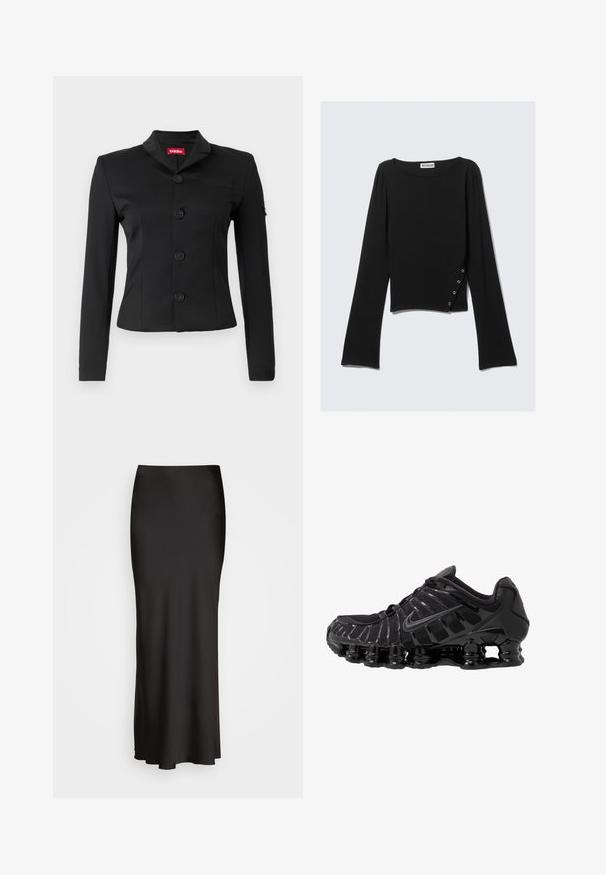 Melnā bleizeris, kas izgatavots no gludas auduma, ar šalu apkakli, piecām apaļām pogām, garām piedurknēm un krūšu kabatu.; Melnā garo piedurkņu blūze, kas izgatavota no gludas auduma, ar laivu formas kakla izgriezumu, īsu garumu un sānu detaļu ar sudraba pogām.; Melna, grīdas garuma satīna svārki ar gludu tekstūru, pieguļošu jostasvīru un A formas siluetu, bez redzamām rotājumiem vai rakstiem.; Melnas sporta kurpes ar sietveida augšdaļu un spīdīgām virsmas daļām. Iezīmēta ar izliekta spirāla spilvenu un teksturētām līnijām sānos. Redzams Nike logo.