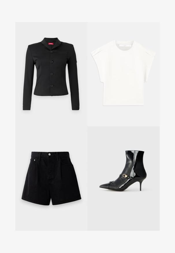 Czarny żakiet z gładkiego materiału, z kołnierzem typu szal, pięcioma okrągłymi guzikami, długimi rękawami i kieszenią na piersi.; Biały, prostokątny t-shirt z krótkim rękawem. Wykonany z gładkiego materiału, z okrągłym dekoltem i subtelnymi akcentami na ramionach. Prosty design.; Czarne szorty dżinsowe o prostym kroju, z zapięciem na guzik, dwoma przednimi kieszeniami i miękkim, teksturowanym materiałem.; Czarny lakierowany botek sięgający kostki z lekko spiczastym noskiem, cienką szpilką oraz dwiema cienkimi paseczkami z detalem złotego zapięcia. Gładkie, błyszczące wykończenie.