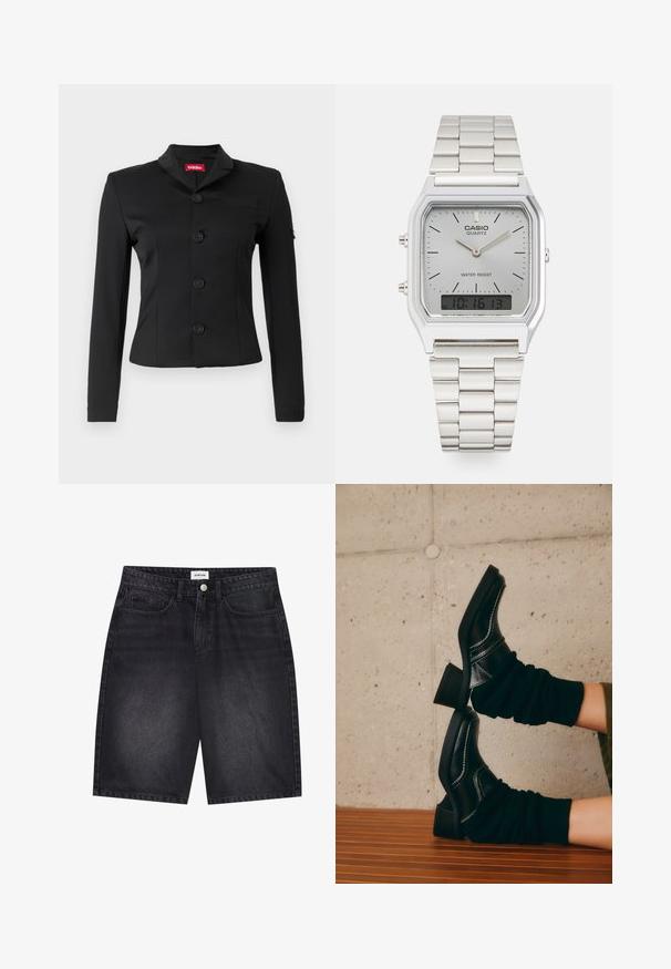 Schwarzer Blazer aus glattem Stoff, mit Schalkragen, fünf runden Knöpfen, langen Ärmeln und einer Brusttasche.; Schwarzes geripptes Cropped-Top mit rundem Ausschnitt und ärmellosem Design. Hergestellt aus einem dehnbaren, strukturierten Stoff. Etikett mit der Aufschrift "Urban Classics."; Schwarze Denim-Shorts mit klassischem Design. Verfügt über fünf Taschen, einen vorderen Knopfverschluss und eine Steppnaht. Glatte Textur und gerader Schnitt.; Schwarze Lederstiefeletten mit weißer Naht, Blockabsätzen und gerafften schwarzen Socken, die auf einer Holzoberfläche vor einer Betonwand ruhen.; Silberne Casio Quarzuhr mit rechteckigem Ziffernblatt, analogem und digitalem Display, Edelstahlarmband und wasserdichten Eigenschaften.