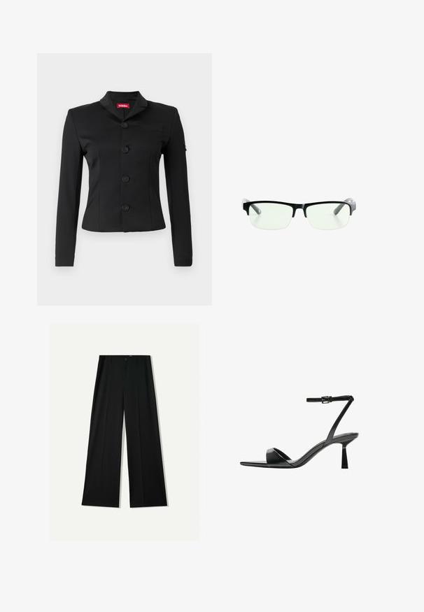 Zwarte blazer van gladde stof, met een sjawlklap, vijf ronde knopen, lange mouwen en een borstzak.; Witte mouwloze jumpsuit met een diepe V-hals, gemaakt van een gladde stof, met drukknoopsluiting aan de onderkant en een aansluitend ontwerp.; Bershka WIDE - Broek - black; Bershka Sandalen met hoge hak - black; Zwarte rechthoekige bril met heldere glazen, uitgerust met slanke zwarte monturen en grijs transparante pootjes. Minimalistisch ontwerp, geen zichtbare merknaam.