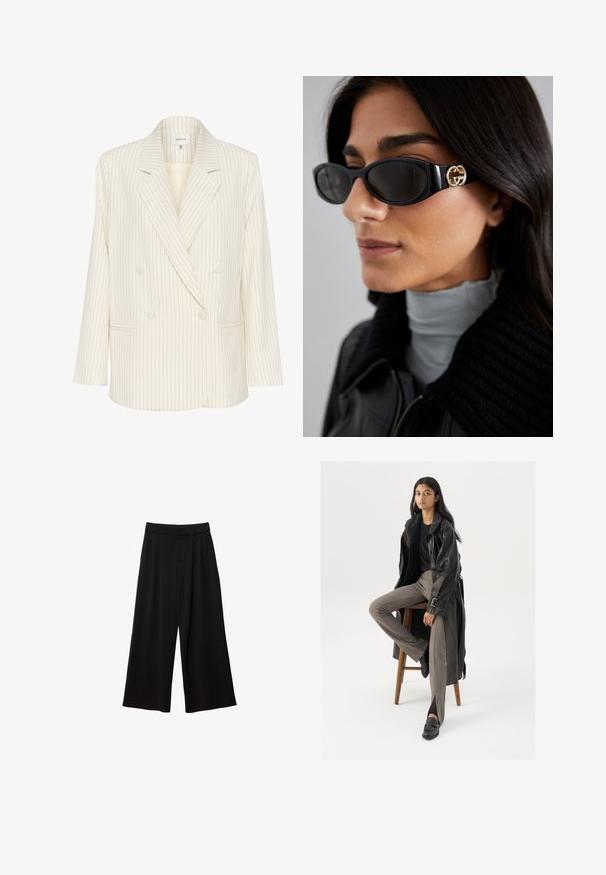 Blazer doppiopetto color crema con righe verticali blu navy. Presenta un colletto a rever, tasche frontali e tessuto testurizzato. Dettagli con bottoni inclusi.; Top in cotone bianco senza maniche, con scollatura ampia e linea aderente. Tessuto liscio, design semplice e dettagli di cucitura minimi.; Pantaloni neri a gamba larga con vita alta, caratterizzati da pieghe, una texture liscia e senza tasche o decorazioni visibili.; Cappotto lungo in pelle nera con dettagli di bottoni e cintura, abbinato a pantaloni aderenti marrone chiaro e mocassini neri, seduto su uno sgabello di legno.; Occhiali da sole neri con una montatura rettangolare elegante e un accento del logo dorato sul lato. Le lenti scure e la finitura lucida sono evidenti.