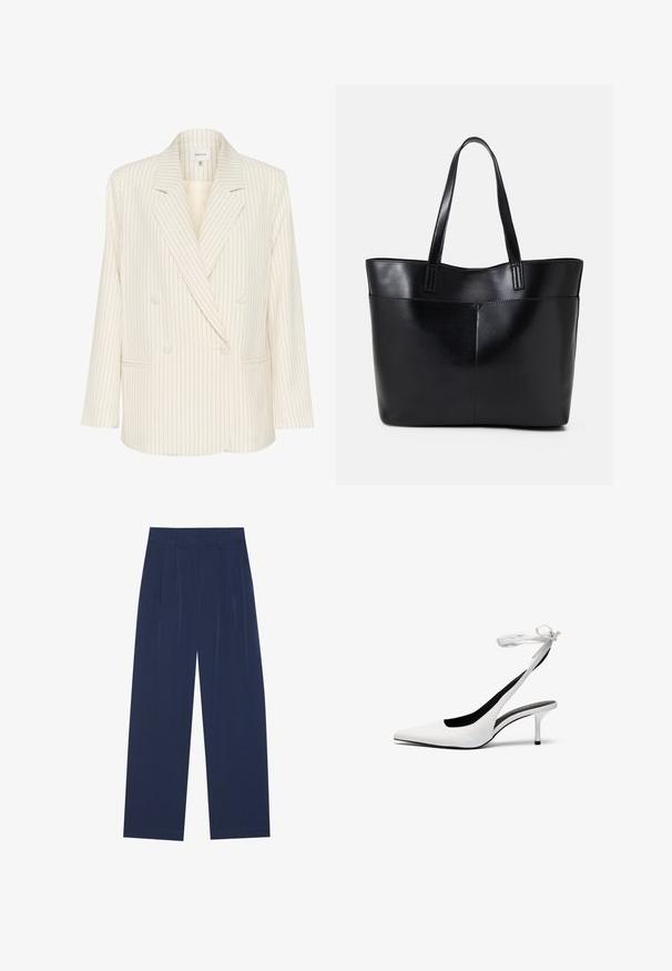 Kreminė dvigubo užsegimo bleiserio striukė su vertikaliomis tamsiai mėlynomis juostelėmis. Yra įpjovinė apykaklė, priekinės kišenės ir tekstūruota medžiaga. Įtraukti mygtukų detaliai.; Balta trumpa rankovė T-marškiniai, pagaminti iš minkštos medvilnės. Charakterizuojami apvali kaklo iškirpte ir laisvu siluetu. Švarus dizainas be matomų raštų ar akcentų.; Tamsiai mėlynos plačios kelnės, pagamintos iš minkštos medžiagos, su priekiniu raukiniu, lygiu paviršiumi ir tiesiu siluetu be matomų kišenių.; Balti smaili ovalo pirštai su banguota atvira užsegimo juosta. Lygi odinė medžiaga, plonas stiletto kulnas ir juodas vidinis pamušalas.; Juoda odinė rankinė su dviem ilgais diržais, lygiu paviršiumi ir struktūrizuota forma. Yra priekinė kišenė papildomam saugojimui.; Skaidraus ir gintaro dervos žiedai, vienas lygus ir skaidrus, kitas su tekstūruotu, gintaro atspalviu. Abu turi apvalius, storus dizainus.