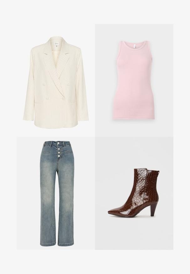Sacou dublu în crem, cu dungi verticale bleu marin. Dispune de rever în colț, buzunare frontale și material texturat. Detalii cu nasturi incluse.; Top cu bretele subțiri, de culoare roz deschis, realizat dintr-un material moale și elastic. Dispune de un decolteu rotund și bretele înguste, având o textură fină și o formă ajustată.; Jeansi din denim albastru deschis, cu croială largă, talie înaltă, închidere cu cinci nasturi și două buzunare frontale. Textură netedă cu o ușoară decolorare.; Ghete maro din piele ecologică cu vârf ascuțit, textură de crocodil și toc suprapus de 5 cm. Deschidere laterală fără elemente vizibile de prindere.