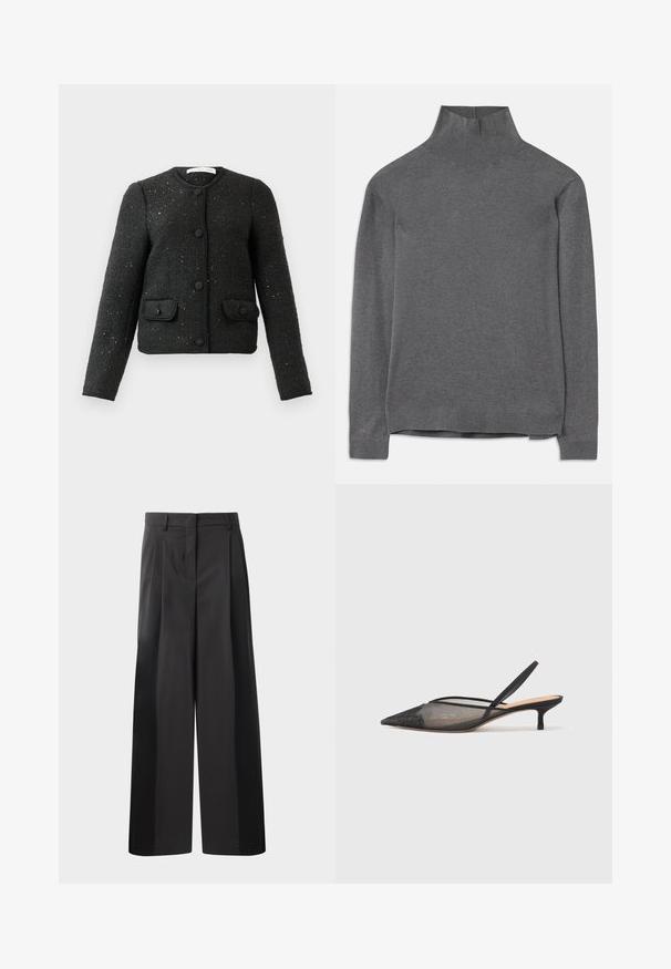 Svart strukturerad långärmad jacka med rund halsringning, framknappar och två knappförsedda fickor med lock.; Grå höghalssweater gjord av mjukt tyg, med långa ärmar, ribbat hals och fåll med en avslappnad passform. Slät textur och enkel design.; Svarta byxor med vida ben och hög midja, med framveck, en slät textur och en skräddarsydd finish. Designade för en avslappnad passform.; NEOUS IRENA - Pumps - black