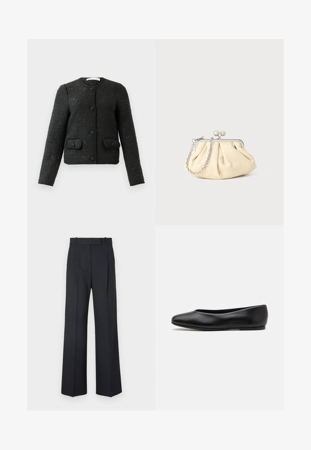 Zwarte textuur lange mouwen jas met ronde halslijn, knopen aan de voorkant en twee met knopen gesloten klepzakken.; Zwarte brei trui met lange mouwen, ronde hals en een klein wit hart op de borst. Zachte textuur met geribbelde boorden en onderzoom.; Donkerblauwe pinstriped broek met een hoge taille, wijde pijpen en zonder zichtbare hardware of versieringen. Glad textuur en nauwkeurige pasvorm.; Paul Smith TOPANGA - Ballerina's - black; Geplooide beige leren clutch met een zilveren metalen frame, voorzien van twee ronde decoratieve sluitingen en een zilveren kettingriem.