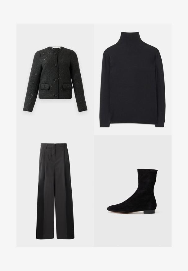 Must have tekstuuriga must pikkade varrukatega jakk, ümmargune kaelus, eest nupud ja kaks nupuklapiga taskut.; Must zwart pullovers, mis pehmeast kangast. Omab pikki varrukaid, kõrget kaelanupukest ning soonikute äärte ja alläärtega, et tagada mugav istuvus.; Mustad laiad püksid kõrge vöökohaga, millel on ees voldid, sile tekstuur ja õmmeldud viimistlus. Kujundatud lõdva istuvuse saavutamiseks.; Musthave mustan nahast pahkluu saabas, millel on kitsas vars, terav nina ja madal plokk-konts. Pehme tekstuur ja minimalistlik disain, sobib mitmekesiseks stiliseerimiseks.