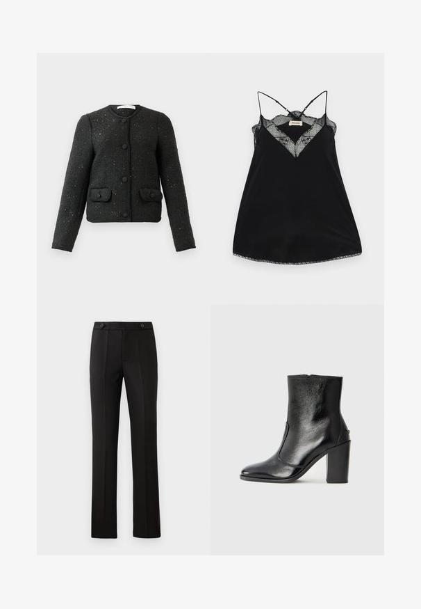 Fekete textúrájú, hosszú ujjú dzseki, kerek nyakkivágással, elülső gombokkal és két gombbal záródó zsebből álló zsebbel.; Fekete ujj nélküli blúz állítható pántokkal, csipkés, mély dekoltázzsal és hullámos szegéllyel. Simább anyag enyhe fényességgel.; Fekete, szabott nadrág egyenes lábbal, két elülső zsebbel, gombos záródással és plisszé részletezéssel elöl. Simább anyagú textúra.; Fekete bőr bokacipő sima textúrával, hegyes orral és vastag, magas sarkával. Oldalnyílással és minimalista dizájnnal rendelkezik.