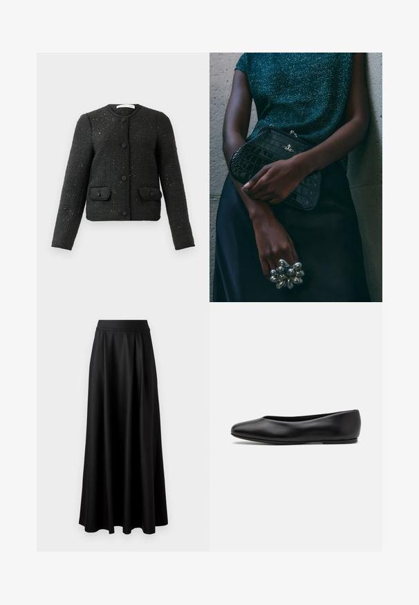 Mustapintainen, teksturoitu pitkähihaisjakku, jossa on pyöreä pääntie, etupainikkeet ja kaksi nappikiinnitteistä läppätaskua.; Musta lyhythihainen pyöreäkauluksinen t-paita, jonka sisäkauluksessa on valkoinen etiketti, jossa lukee "D.R.C. EST. 2002" valkoista taustaa vasten.; Mustat, lattiapituinen hame, jossa on sileä pinta, leveä vyötäröosa ja plissoitu muotoilu, ilman näkyviä kuvioita tai koristeita.; Paul Smith TOPANGA - Ballerinat - black; Musta krokotiilihäntäinen penaali, jossa on hopeiset yksityiskohdat, pidetään teksturoitua harmaata taustaa vasten. Pintamateriaali kiiltävä.