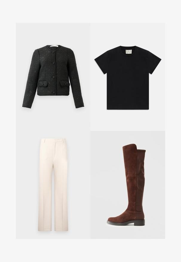 Jachetă neagră texturată, cu mâneci lungi, decolteu rotund, nasturi la față și două buzunare cu clapetă închise cu nasture.; Tricou negru cu mânecă scurtă și guler rotund, având un etichetă albă în interiorul gulerului, inscripționată cu "D.R.C. EST. 2002" pe un fundal alb.; Pantaloni bej, croiți pe linie dreaptă, realizati dintr-un material ușor. Prezintă pliuri frontale și o talie clasică.; Botă înaltă din suede și țesătură maro, cu toc negru jos și vârf rotund, prezentată dintr-o laterală pe un fundal alb simplu.