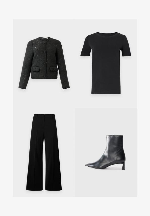 Zwarte textuur lange mouwen jas met ronde halslijn, knopen aan de voorkant en twee met knopen gesloten klepzakken.; Zwarte t-shirt met korte mouwen van zacht katoen, met een ronde hals en een klassieke pasvorm. Soepele textuur, geen patronen of versieringen.; Zwarte wijde broek van een gladde stof, met een gestructureerde tailleband en voorplooien. Minimalistisch ontwerp zonder zichtbare hardware.; Zwarte leren enkellaars met een spitse neus en een slank ontwerp. Heeft een lage hak en een ritssluiting aan de achterkant. Gladde textuur.