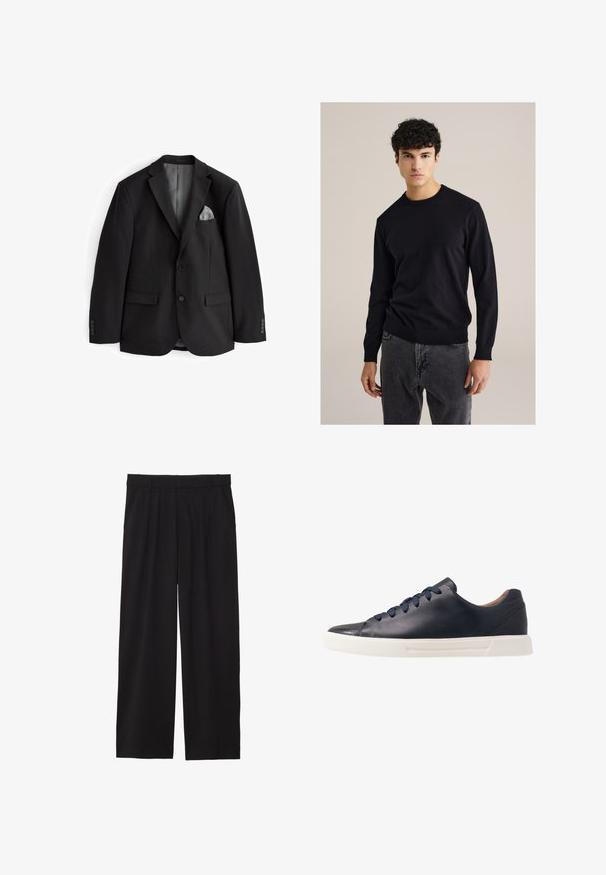 Zwarte blazer met een notch-lapel, twee voorkruiden, een grijze pochet en knoopsluiting bij de mouwen. Glad textiel, afgestemde pasvorm, geen patronen.; Zwarte katoenen trui met ronde hals en lange mouwen, ribgebreide manchetten en zoom; gecombineerd met grijze jeans. Eenvoudig, aansluitend ontwerp zonder patronen.; Jonge man met krullend lichtbruin haar, in een zwart T-shirt met korte mouwen en grijze broek, kijkt naar links met zijn handen in zijn zakken.; Zwarte wijde broek met geplooide voorkant, zijzakken en een gladde stoftextuur. Ontworpen voor een ontspannen pasvorm.; Marineblauwe leren sneakers met een gladde afwerking, platte witte rubberen zool, ronde neus en zes marineblauwe veters die door ronde oogjes zijn geregen.