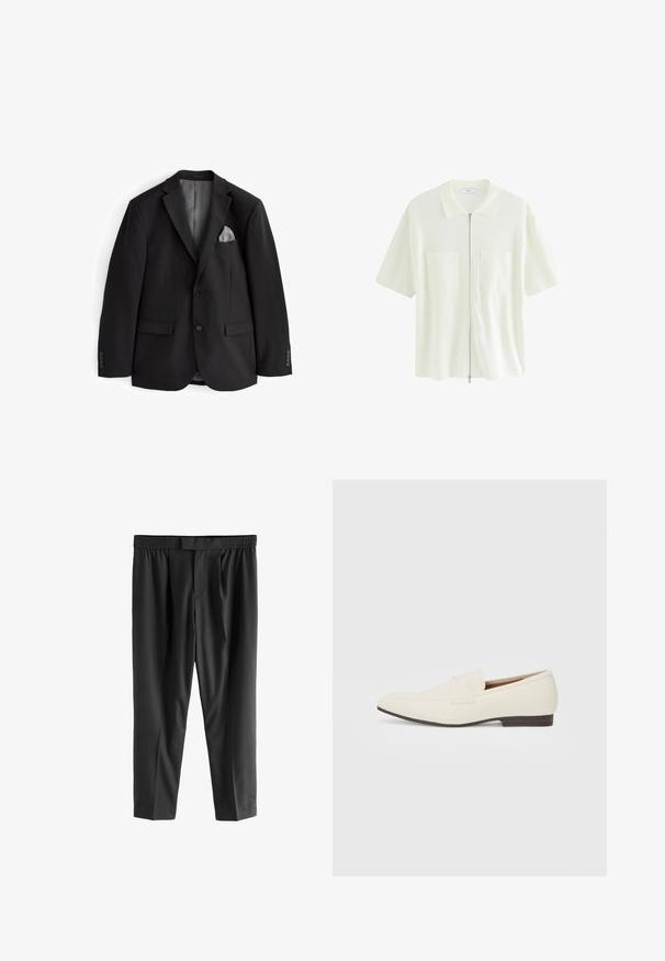 Juodas švarkas su notch tipo apykakle, dviem priekinių kišenėmis, pilku kišeniniu rankšluosčiu ir sagų užsegimais ant rankovių. Lygi medžiaga, pritaikyta forma, be raštų.; Trumpas, baltas užtrauktuku užsegamas marškinėliai, pagaminti iš tekstūruoto audinio, su apykakle ir dviem priekinėmis kišenėmis su kvadratiniais dangteliais.; Next REGULAR FIT -CHECK SMART - Chino stiliaus kelnės - black; Šviesiai smėliniai loaferiai su smailiu pirštu, lygaus paviršiaus, dirželiu per viršų ir žema ruda padanga. Paprastas dizainas su minimaliais akcentais.