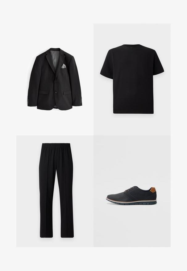 Schwarzer Blazer mit Reverskragen, zwei vorderen Taschen, einem grauen Einstecktuch und knopfbaren Manschetten. Glattes Material, taillierte Passform, keine Muster.; Schwarzes Kurzarm-T-Shirt aus strukturiertem Stoff, mit einem Rundhalsausschnitt und einer lockeren Passform. Einfach, ohne Muster oder Akzente.; Schwarze, Gummibund-Hosen mit geradem Schnitt, die eine glatte Textur aufweisen und keine sichtbaren Muster oder Beschläge haben.; Schwarze synthetische Schuhe mit einer strukturierten Oberseite, glatten Akzenten, braunem Absatz und einer kontrastierenden Sohle. Verfügt über minimale Schnürung und Nähdetails.