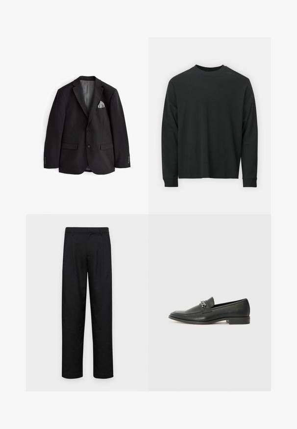 Zwarte blazer met een notch-lapel, twee voorkruiden, een grijze pochet en knoopsluiting bij de mouwen. Glad textiel, afgestemde pasvorm, geen patronen.; Zwarte longsleeve T-shirt van katoen, met een ronde halslijn, een losse pasvorm en geribbelde boorden. Glad oppervlak zonder zichtbare patronen.; Zwarte broeken van gladde stof, met een recht model, twee voorknikken en een standaard tailleband met riemlussen.; Zwarte leren instapper met een gladde afwerking, voorzien van een gestikt ontwerp en een decoratieve metalen kettingaccent over de wreef. Platte hak.