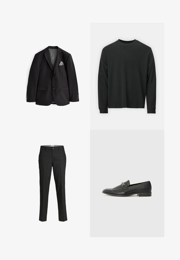 Sort blazer med klapkrave, to forlommer, et gråt lommeuld og knapmanchetter. Glat stof, skræddersyet pasform, uden mønstre.; Langærmet sort T-shirt lavet af bomuld, med rund halsudskæring, løs pasform og ribbede ærmer. Glat tekstur uden synlige mønstre.; Sorte bukser, skræddersyet pasform, glat stof, mellemhøj talje, frontknaplukning, skrå lommer og pressefoldsdetaljer ned ad benene.; Sorte læder loafers med en glat finish, der har et syet design og et dekorativt metal kædeaccent hen over vamps. Flad hæl.