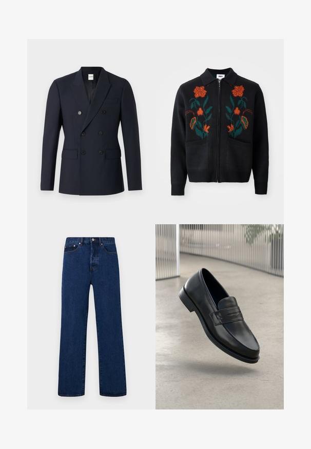 Blazer doppiopetto navy in tessuto liscio, caratterizzato da due file di bottoni neri, revers a punta e tasche frontali.; Cardigan nero con zip frontale, colletto, ricami floreali in arancione e verde, polsini e orlo a coste, e due tasche frontali.; Top in cotone bianco, design senza maniche, collo rotondo, texture liscia, realizzato in un tessuto morbido e leggero. Due pezzi esposti.; Jeans in denim blu scuro con taglio dritto, dotati di cuciture arancioni, patta con bottoni e due tasche frontali con rivetti a contrasto.; Mocassino in pelle nera con texture liscia, punta appuntita e una fascia decorativa sul collo del piede. Suola leggera, design minimale.