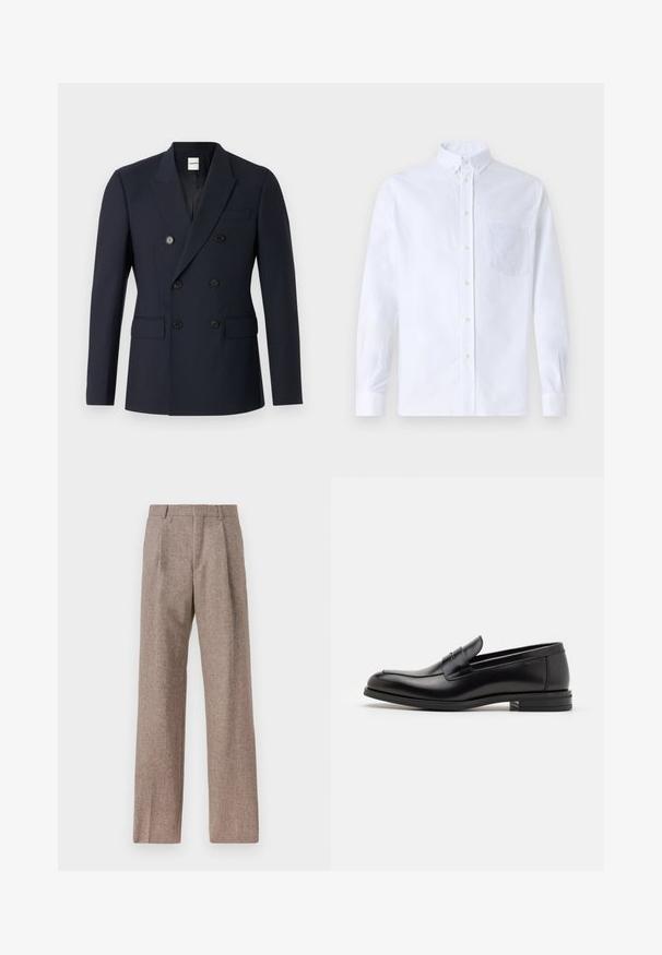 Ναυτικό σακάκι με διπλό κούμπωμα, φτιαγμένο από μαλακό ύφασμα, με δύο σειρές μαύρων κουμπιών, κομμένες πέτες και μπροστινές τσέπες.; Λευκό πουκάμισο με μακρύ μανίκι, φτιαγμένο από βαμβάκι, με τσέπη στο στήθος με τονικό κέντημα, γιακά και κουμπιά στους μανικέτες.; Καφέ παντελόνι με ψηλή μέση από υφαντό ύφασμα. Διαθέτει φαρδιές καβάτζες και δύο μανίκια μπροστά για δομή. Καθαρή φινίρισμα χωρίς ορατό εξοπλισμό.; Μαύρες δερμάτινες μπαλαρίνες με λεία υφή, στρογγυλή μύτη και διακοσμητική ταινία πάνω από το επάνω μέρος. Χαμηλός καπιτώνας, μινιμαλιστικός σχεδιασμός.