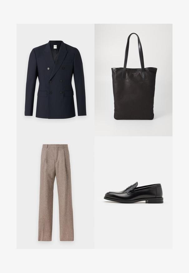 Navy dvoubreý blazer vyrobený z hladkého materiálu, se dvěma řadami černých knoflíků, klopovými límci a předními kapsami.; Bílá dlouhá košile s knoflíky vyrobená z bavlny, která má náprsní kapsu s tónovanou výšivkou, límec a knoflíkové manžety.; Hnědé kalhoty s vysokým pasem vyrobené z texturované látky. Mají široké nohavice a dva přední sklady pro strukturu. Úhledné provedení bez viditelné kovových částí.; Černé kožené polobotky s hladkou texturou, zaoblenou špičkou a zdobným páskem přes nárt. Nízký stohovaný podpatek, minimalistický design.; Černá plátěná taška s černými koženými uchy. Jednoduchý design, prostorné tělo a hladký povrch. Žádné viditelné loga ani vzory.