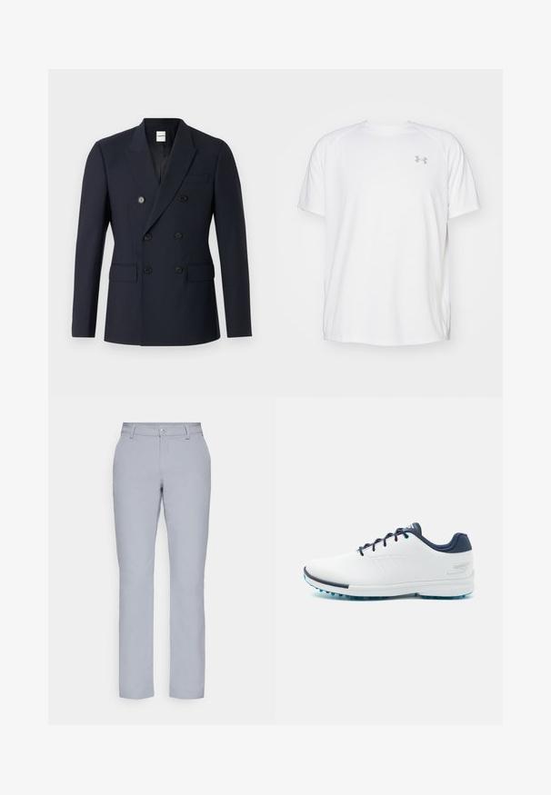 Blazer doppiopetto navy in tessuto liscio, caratterizzato da due file di bottoni neri, revers a punta e tasche frontali.; Maglietta da ginnastica bianca a maniche corte realizzata in tessuto liscio. Presenta un colletto rotondo e un logo grigio sul lato sinistro del petto, con fessure laterali all'orlo.; Pantaloni grigi chiari con taglio dritto, chiusura a bottone, tasche frontali e un tessuto liscio e strutturato. Design minimalista, senza pattern.; Scarpe da ginnastica bianche con una parte superiore sintetica liscia, accenti blu, tallone blu navy texturizzato e una suola leggera con tacchetti per la trazione.