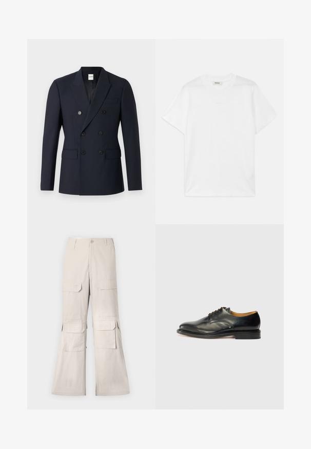 Marineblauwe dubbelgecheurde blazer van gladde stof, met twee rijen zwarte knopen, reverskraag en voorzakken.; Witte katoenen t-shirt met een ronde hals, korte mouwen en een subtiele logo-print op de voorkant. Glad textuur en eenvoudig ontwerp.; Beige cargobroek met een relaxte pasvorm, voorzien van meerdere klepzakken aan de zijkanten en een knoopsluiting. Gemaakt van een lichtgewicht stof.; Zwarte leren nette schoen met een gladde afwerking, ronde neus en minimale veters. Beschikt over een subtiel ontwerp en een lage, stevige rubberen zool.