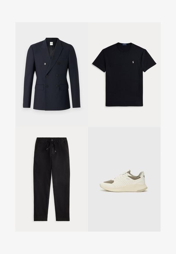 Marinblå dubbelknäppt kavaj i mjukt tyg, med två rader svarta knappar, slagkrage och framfickor.; Svart bomulls-T-shirt med rund halsringning, korta ärmar och en liten broderad logga på vänster bröst. Mjuk textur.; Svarta avslappnade byxor med elastiskt midjeband, snörning, framknapp och sidofickor, visade på en enfärgad bakgrund.; Vit och ljusbeige atletisk sneaker med ett meshöverdrag, perforerade detaljer och en texturerad mellansula med varumärke på hälen.