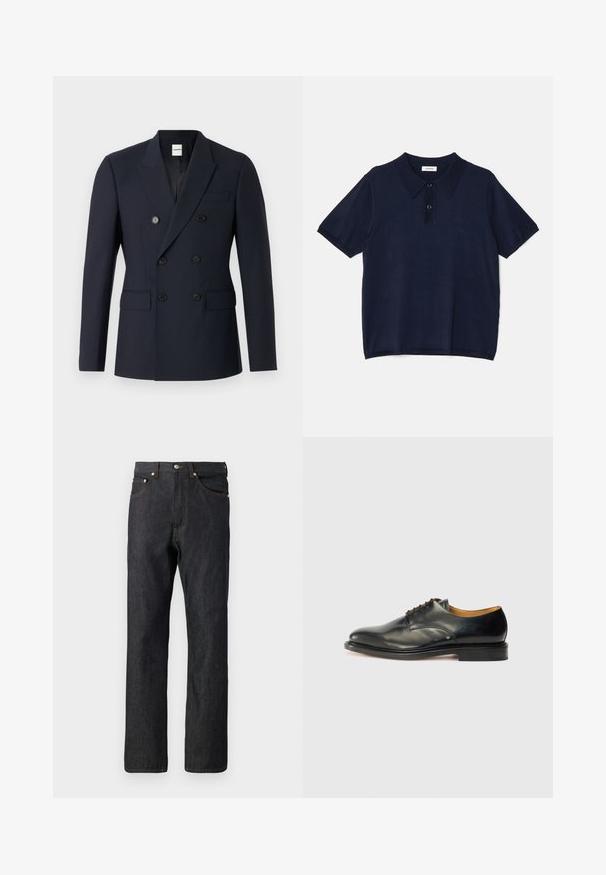 Jūrinės tamsiai mėlynos spalvos dvigubo krūtinės švarkas, pagamintas iš lygaus audinio, su dviem juodų mygtukų eilėmis, iškarpytomis apykaklėmis ir priekinėmis kišenėmis.; sandro Polo marškinėliai - marine; Tamsiai mėlynos džinsinės kelnės su tiesiomis kojomis. Yra penki kišenės, oranžiniai siūlai ir mygtukų užsegimas juosmens vietoje.; Juodas odinis suknelės batelis su lygiu paviršiumi, apvalia nosimi ir minimaliai surišamais raišteliais. Joje yra subtilus dizainas ir žemas, tvirtas gumos padas.