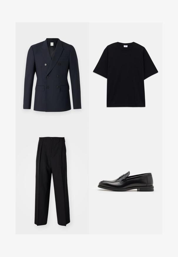 Jūrinės tamsiai mėlynos spalvos dvigubo krūtinės švarkas, pagamintas iš lygaus audinio, su dviem juodų mygtukų eilėmis, iškarpytomis apykaklėmis ir priekinėmis kišenėmis.; Juodas trumpas rankovėmis per didelis marškinėliai su apvaliu iškirpimu ir matoma Filippa K prekės ženklo etiketė vidinėje apykaklės pusėje.; Juodi klostuoti kelnių, su tiesiu, plačiu kojų dizainu. Pagaminti iš lygios medžiagos, su mygtukų uždarymu ir diržo kilputėmis.; Juodos odinės loafers, turinčios lygų paviršių, apvalią noselę ir dekoratyvinę juostą per priekinę dalį. Žemas krentantis kulnas, minimalistinis dizainas.