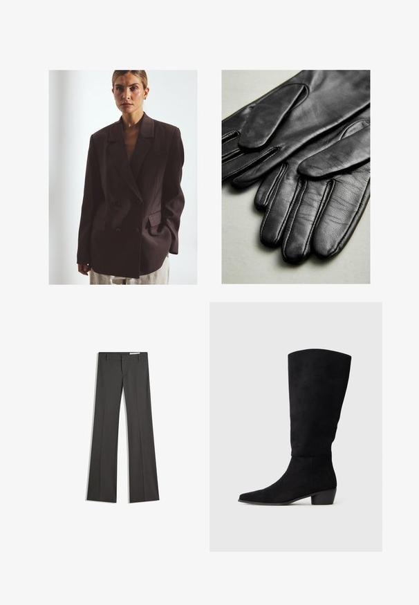 Dunkelbrauner doppelt geknöpfter Blazer aus glattem Stoff, mit großen Knöpfen, Revers und einer einzelnen Brusttasche.; Grau, gekürzter Pullover aus weichem Strickmaterial. Verfügt über einen runden Ausschnitt und lange Ärmel mit gerippten Bündchen und Saum. Keine sichtbaren Muster.; Graue weit ausgestellte Hosen aus einem glatten Stoff, mit flachem Frontbereich, Gürtelschlaufen und einem maßgeschneiderten Design mit klaren Linien.; Schwarze Wildlederkniehohe Stiefel mit niedrigem Blockabsatz und spitzem Schuh, seitlich dargestellt auf einem schlichten hellgrauen Hintergrund.; Schwarze Lederhandschuhe mit glatter Textur, die Nähte entlang der Finger und ein tailliertes Design aufweisen. Weiches, geschmeidiges Material für Komfort.