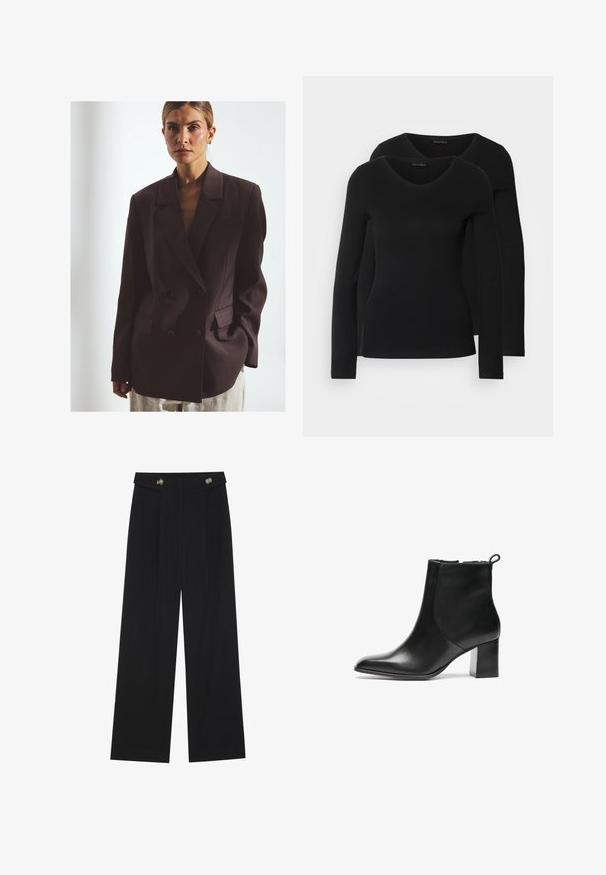 Tumši brūns divrindas bleizeris, kas izgatavots no gludas auduma, piedāvā lielas pogas, iegrieztas atlokus un vienu krūtis kabatu.; Divi melni krekli ar garām piedurknēm un V-veida kakla izgriezumu, izgatavoti no mīksta, elastīga auduma, ar gludu tekstūru un pieguļošu formas.; Melnas platās bikses ar augstu jostasvietu, pogu detaļām uz jostas un priekšējām krokām.; Melnas ādas potītes zābaks ar noapaļotu purngalu, vidēja augstuma bloku papēdi un aizdari aizmugurē. Gluda tekstūra, minimāls dizains.