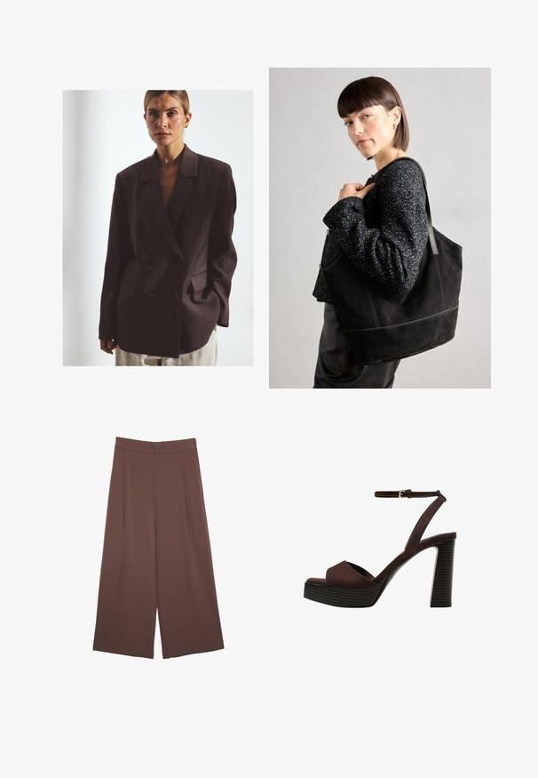 Tmavohnedý dvojradový blejzer z hladkého materiálu, s veľkými gombíkmi, zapínaním na klopy a jednou náprsnej vreckom.; Hnedé, vysoký krk jednodielne plavky s tenkými, nastaviteľnými ramienkami; s vysokým strihom na nohách a hladkým povrchom. Bez vzorov alebo ozdôb.; Hnedé nohavice so širokými nohavicami a hladkou textúrou, s vysokým pásom a prednými skladmi. Tkanina je ľahká a voľne sa pohybuje.; Hnedé semišové sandále na vysokom podpätku s otvorenou špičkou, nastaviteľným členkovým remienkom a pruhovanou platformovou podrážkou.; Čierna semišová taška so hladkou textúrou, štruktúrovaným tvarom a kontrastným šitím. Obsahuje dlhé popruhy na nosenie na ramene.