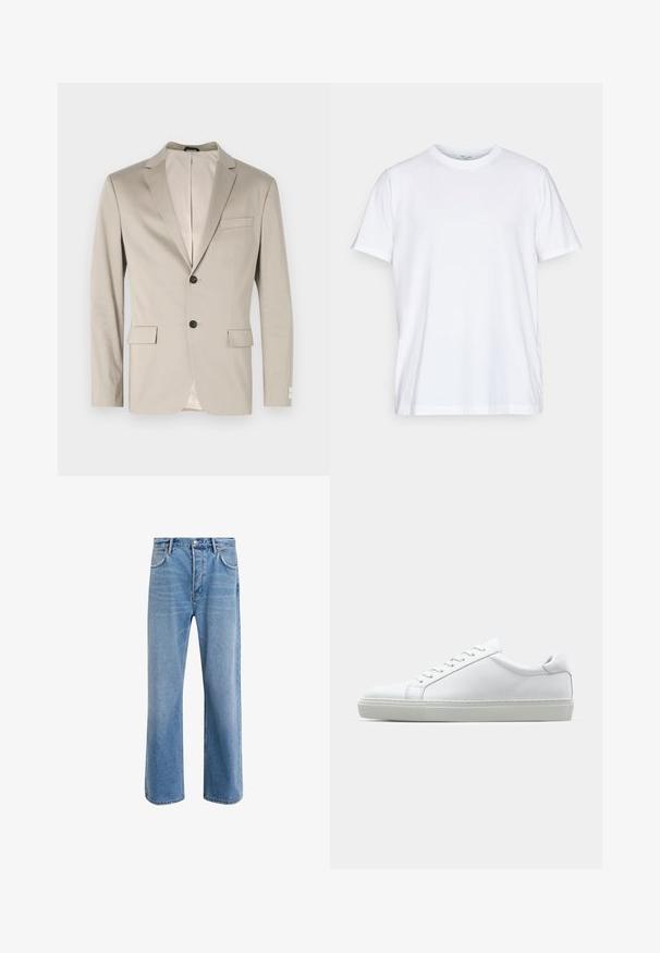 Beige cotton blazer with a structured design, notched lapels, two front pockets, single button closure, and contrasting inner lining.; White cotton t-shirt with short sleeves, round crew neckline, and a relaxed fit. Features minimalistic design, no patterns or accents.; Light blue denim jeans with a straight-leg design, five pockets, button closure, minimal fading, and contrasting stitching details.; White sneaker with a smooth leather upper and a low profile. Features a rounded toe, six eyelets, and a textured rubber sole.