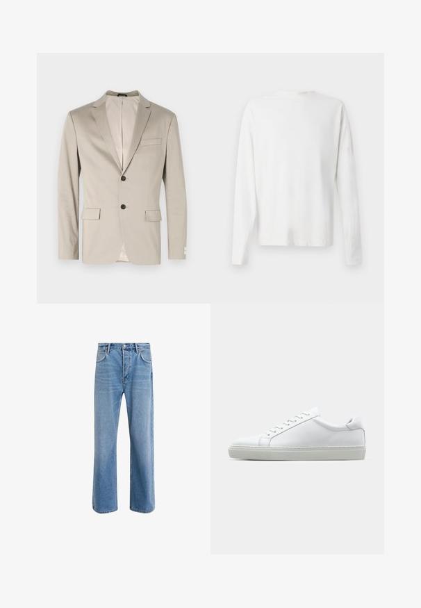 Beige bomullsblazer med en strukturerad design, slagkrage, två framfickor, enknappsstängning och kontrasterande innerfoder.; Vit långärmad skjorta i bomull med rund halsringning, sidofickor längst ner och en slät yta, visad bakifrån.; Ljust blå denimjeans med rak passform, fem fickor, knappstängning, minimal blekning och kontrasterande sömdetaljer.; Vit sneaker med en slät läderövre och låg profil. Har en rundad tå, sex snörhål och en strukturerad gummisula.