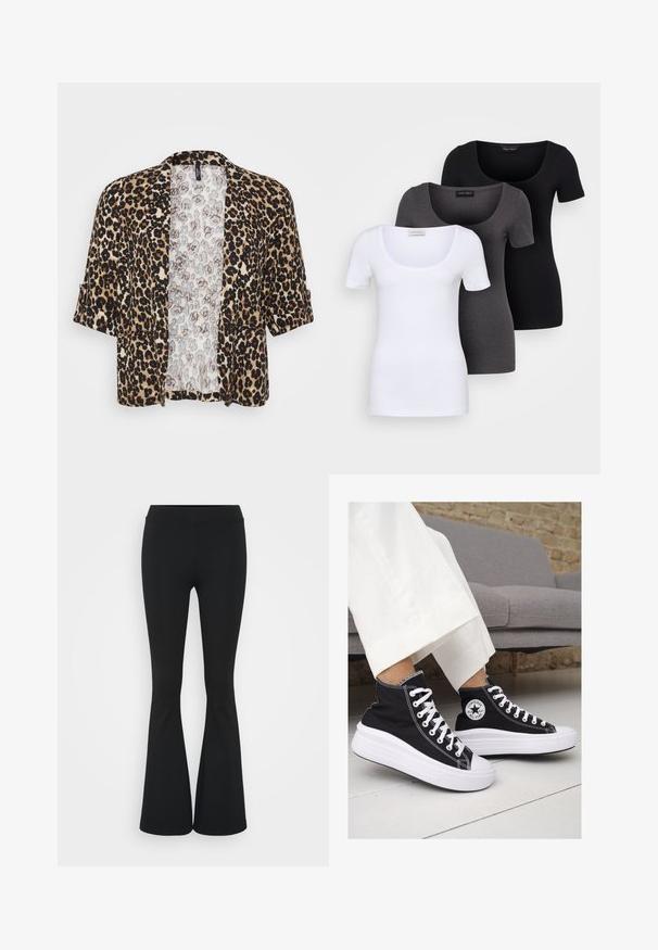 Jakna v leopardjem vzorcu, izdelana iz mehkega blaga, s kratkimi rokavi, odprtim sprednjim delom in kontrastno svetlo obloženo podlogo.; Tri prilegla majica v beli, sivi in črni barvi. Vsaka ima širok izrez na vratu in kratke rokave. Narejene so iz gladkega, raztegljivega materiala.; Črne hlače s širokimi hlačnicami, izdelane iz raztegljive tkanine, z visokim pasom in gladko teksturo. Hlače se širijo od kolena navzdol.; Črne platnene visoke superge z belimi gumijastimi podplati in vezalkami. Imajo krožni logotip na strani in kontrastno bele šive.