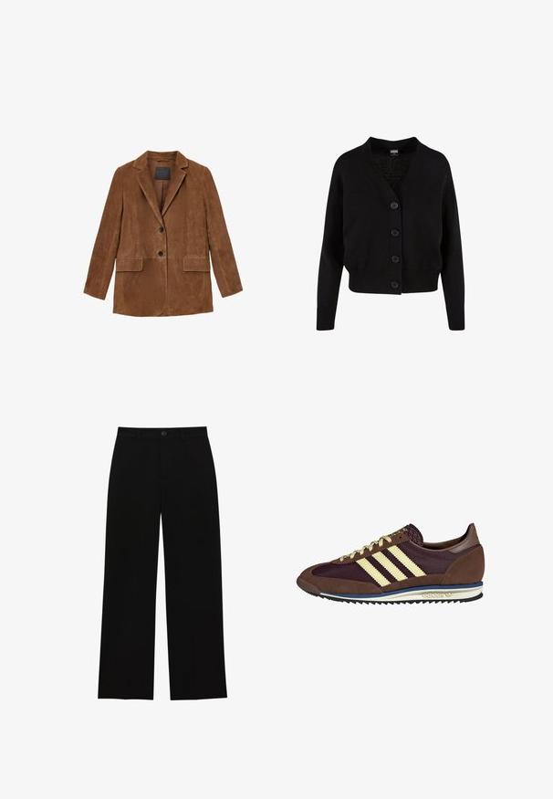 Bruine suède blazer met een notch-lapel, twee voorzakken en een enkele knoopsluiting. Glad textuur, getailleerde pasvorm en minimale detailing.; Zwarte gebreide cardigan met een V-hals, vijf knopen aan de voorkant, geribde zoom en manchetten, en een kort ontwerp. Zachte textuur met een casual stijl.; Effen witte langslopende shirt met lange mouwen, ronde hals, van achteren weergegeven, plat gelegd op een witte achtergrond.; Zwarte, hoge taille, wijde broek gemaakt van een gladde stof, met een flatte voorkant, knoopsluiting en geen zichtbare zakken.; Bruine en bordeauxkleurige sneaker van suede en mesh materiaal, met drie crèmekleurige strepen, een gemêleerd stof op de tong en een rubberen zool.