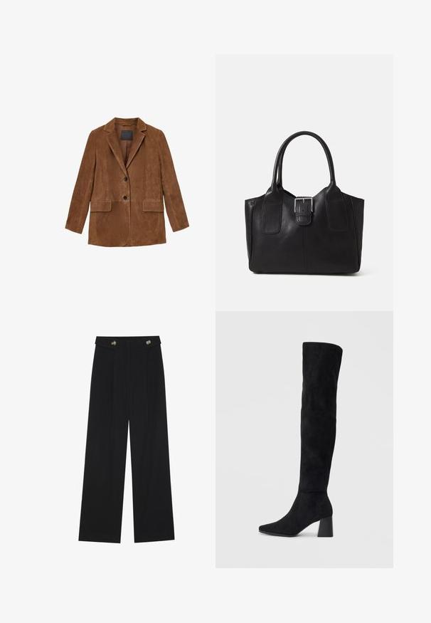 Bruine suède blazer met een notch-lapel, twee voorzakken en een enkele knoopsluiting. Glad textuur, getailleerde pasvorm en minimale detailing.; Zwarte langemouwen top met uitlopende manchetten, een zachte textuur en een relaxed fit, met een eenvoudige ronde halslijn.; Zwarte wijde broek met hoge taille, knoopdetails op de tailleband en plooien aan de voorkant.; Zwarte suède kniehoge laars met blokhak, spitse neus en een glad, naadloos ontwerp op een effen lichte achtergrond.; Zwarte leren tote bag met een gladde textuur, gestructureerde vorm, twee handvatten en een opvallend zilveren sluitingdetail aan de voorkant.