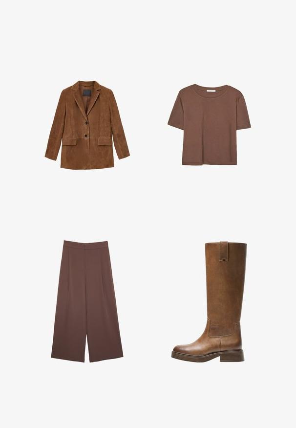 Ruskea mokkatakkia, jossa on viiltoletka, kaksi etutaskua ja yksittäinen nappikiinnitys. Sujuva pinta, vartalonmyötäinen malli ja minimaalinen yksityiskohtaisuus.; Kahvinsävyinen lyhythihainen t-paita, joka on valmistettu pehmeästä kankaasta. Pyöreä pääntie ja rento malli. Ei näkyviä kuvioita tai koristeita.; Ruskeat leveälahkeiset housut, joissa on sileä pinta, korkea vyötärö ja etupleat. Kangas on kevyttä ja laskeutuu väljänä.; Kahvipronssinen polvipituinen saapas, jossa on pyöristetty kärki, teksturoitu pinta ja matala pinoheijastin. Varressa on sivupaneeli ja vetotappi ylhäällä.