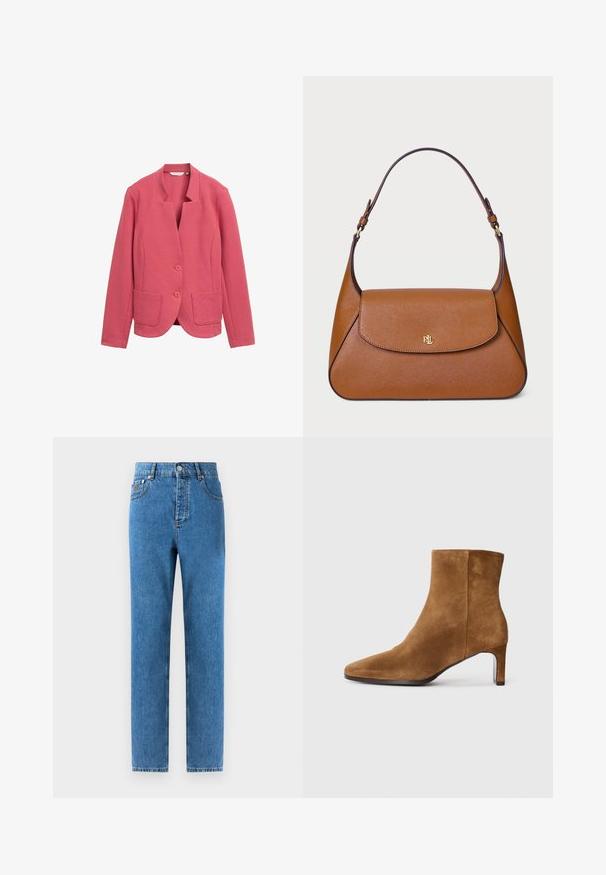Rosa tekstureret blazer med sjalskrave, to frontlommer og to knapper. Enkel design med skræddersyet pasform og glat stof.; Beige turtleneck sweater lavet af blødt strikstof, med lange ærmer og et subtilt mærkelogo på brystet. Ribbet manchetter og kant.; Jeans i medium blå med lige snit, fem lommer, en knaplukning og let fading på stoffet for en subtil teksturvariation.; Brune ruskinds ankelstøvle med spids tå og slank hæl i mellem højde, set fra siden på en ensfarvet hvid baggrund.; Brun læder håndtaske med et struktureret design, en flad topflap og en enkelt buet rem. Har guld hardware med prægede logoer.