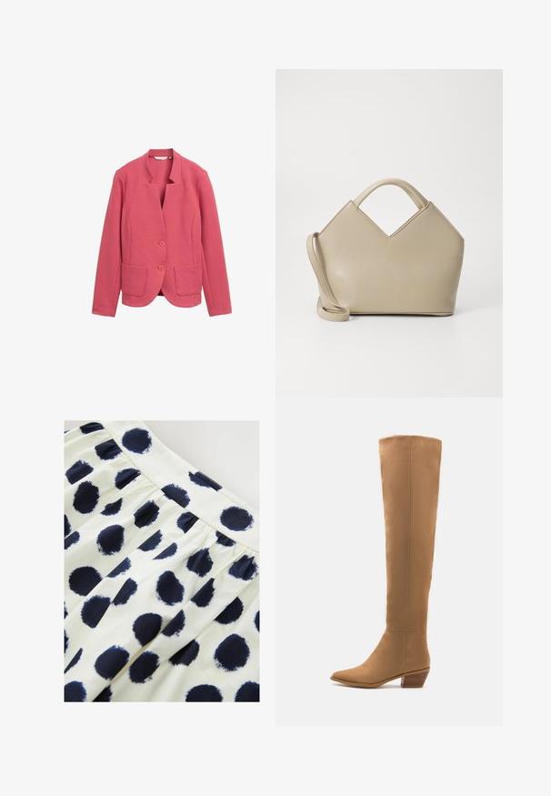 Rosa strukturierter Blazer mit Schalkragen, zwei Fronttaschen und zwei Knöpfen. Einfaches Design mit tailliertem Schnitt und glattem Stoff.; Langarm-crewshirt aus einfarbigem hellblauen Baumwollstoff. Verfügt über einen runden Halsausschnitt und einfache Nähte. Das Etikett lautet "NEXT," Größe S.; Weißer Stoffrock mit navyblauen runden Pünktchen. Der Rock hat eine geraffte Taille und eine glatte Textur.; Knöchelhohe, tanfarbene Stiefel aus einem glatten Material mit einer spitzen Zehe und einem niedrigen, gestuften Absatz. Schlichtes Design, ohne sichtbare Muster oder Akzente.; Beige strukturierte Handtasche mit V-förmigem oberen Teil, glattem Leder, kurzen Griffen und einem langen verstellbaren Tragegurt. Minimalistisches Design.