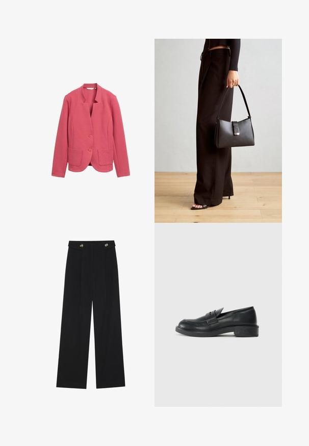 Rosa strukturierter Blazer mit Schalkragen, zwei Fronttaschen und zwei Knöpfen. Einfaches Design mit tailliertem Schnitt und glattem Stoff.; Weißes Baumwoll-T-Shirt mit einem Herz-Graphic in verschiedenen Rosa- und Koralltönen, mit wirbelnden abstrakten Mustern in der Mitte. Kurze Ärmel, Rundhalsausschnitt.; Schwarze weite Hosen mit hoher Taille, Knopfdetails am Bund und vorderen Falten.; Schwarze Lederloafers mit abgerundetem Zehenbereich, genähten Details und kleinem Absatz. Glatte Textur und eine flexible Gummisohle.; Schwarze Handtasche mit strukturierter Form, glatter Textur und einem metallischen Verschluss. Kombiniert mit weiten schwarzen Hosen und offenen Sandalen auf einem Holzboden.