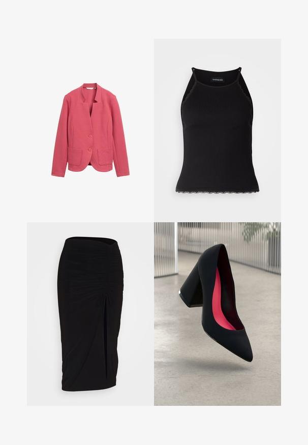 Roosa struktureeritud bleiser shawl-krae, kahe esikoti ja kahe nööbiga. Lihtne disain, mis sobib kehakujuga ja on valmistatud siledast kangast.; Must mustriba top musta servadega äärega. Omab peeneid rihmu ja istuvat disaini. Valmistatud venivast kangast.; Mustast, rikutud pliiatsiseelik sidumisdetailiga ja küljes lahtise lõhenemisega. Valmistatud venivast kangast, millel on sile tekstuur ja keha lähedane lõige.; Mustad must kõrged kontsad, terava ninaga, tekstuurse pinnaga ning erksa roosa sisemusega. Omab paksu kontsa koos hõbedase aktsendiga.