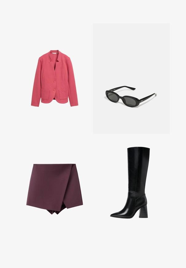 Roze gestructureerde blazer met een sjawl-kragen, twee voorzakken en twee knopen. Eenvoudig ontwerp met een getailleerde pasvorm en soepele stof.; Korte mouwen, diep bordeaux polo shirt van textuurstof, met een V-hals, drie knopen en een gestructureerde kraag.; Donkerpaarse asymmetrische mini-rok met een gewikkeld ontwerp aan de voorkant en een gladde stofstructuur.; Zwarte leren laarzen tot de knie met een spitse neus, een gladde textuur en een chunky gegroefde hak voor stabiliteit. Strak ontwerp met minimale accenten.; Zwarte zonnebril met ovale lenzen, glanzend kunststof montuur en slanke armen. Bevat het Ray-Ban-logo in het wit aan de zijkant.; Zwarte leren handtas met een gouden hardware accent, voorzien van een kenmerkende sluiting, een afneembare schouderband en een ge textureerd oppervlak.