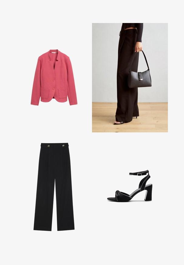 Růžový strukturovaný blazer s šálovým límcem, dvěma předními kapsami a dvěma knoflíky. Jednoduchý design s upraveným střihem a hladkým materiálem.; Černé tričko s krátkým rukávem a širokým výstřihem. Vyrobeno z měkké, lehké tkaniny. Jednoduchý design bez vzorů nebo doplňků.; Černé široké kalhoty s vysokým pasem, detailní knoflíky na pase a přední záhyby.; Černé semišové sandály na podpatku s širokým blokovým podpatkem, nastavitelným páskem kolem kotníku, otevřenou špičkou a kontrastním prošitím.; Černá kabelka se strukturovaným tvarem, hladkým povrchem a kovovým uzávěrem. Kombinována s širokými černými kalhotami a sandály s otevřenou špičkou na dřevěné podlaze.