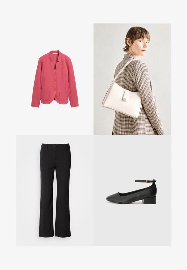 Blazer texturat de culoare roz, cu guler tip șal, două buzunare frontale și două butoane. Design simplu cu o croială ajustată și țesătură fină.; Tricou alb cu mânecă scurtă, made din bumbac moale. Are un guler rotund și o croială lejeră. Design curat, fără modele sau accente vizibile.; Pantaloni negri dintr-un amestec de bumbac, cu un design drept, închidere frontală cu buton și două buzunare laterale. Textură netedă, fără modele vizibile.; Pantof cu toc negru din piele, cu vârf ascuțit și toc mic pătrat. Dispune de o curea la gleznă cu o cataramă în tonuri de aur. Textură netedă.; Geantă de mână din piele albă cu un design structurat, având o închidere magnetică și un breteau, expusă pe un fundal neutru.
