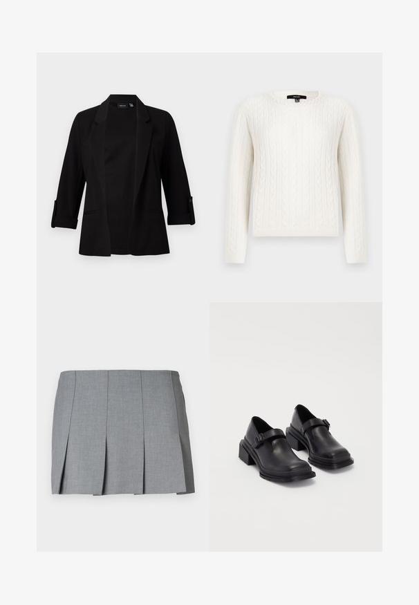 Černý blazer s tříčtvrtečními rukávy, strukturovaným klopou, otevřeným předním designem a knoflíkovým detailem na rukávech. Hladká textura látky.; Bílý svetr s pleteninou, dlouhými rukávy, kulatým výstřihem a dekorativním perlovým akcentem na límci. Měkká textura a přiléhavý design.; Sivá skládací sukně s hladkou texturou, strukturovaným designem a přiléhavým pasem. Vyrobena z lehké tkaniny s jemným vzorem.; Černé kožené boty s kulatou špičkou, plochou podrážkou a páskem s detaily s přezkou. Masivní blokový podpatek pro zvýšenou stabilitu.